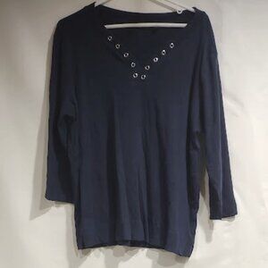 RAFAELLA NAVY BLUE PULLOVER TOP SILVER METALLIC RINGS AT NECKLINE XWOMEN'S XL